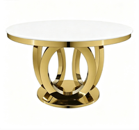 Table de mariage ronde en acier inoxydable doré avec plateau en verre trempé blanc, table de banquet de luxe pour location événementielle