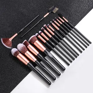 Professionele 16 Stuks Hoge Kwaliteit Zwarte Houten Handvat Make-Up Borstel Kit Bruine Veganistische Synthetische Make-Up Borstels Set Met Tas