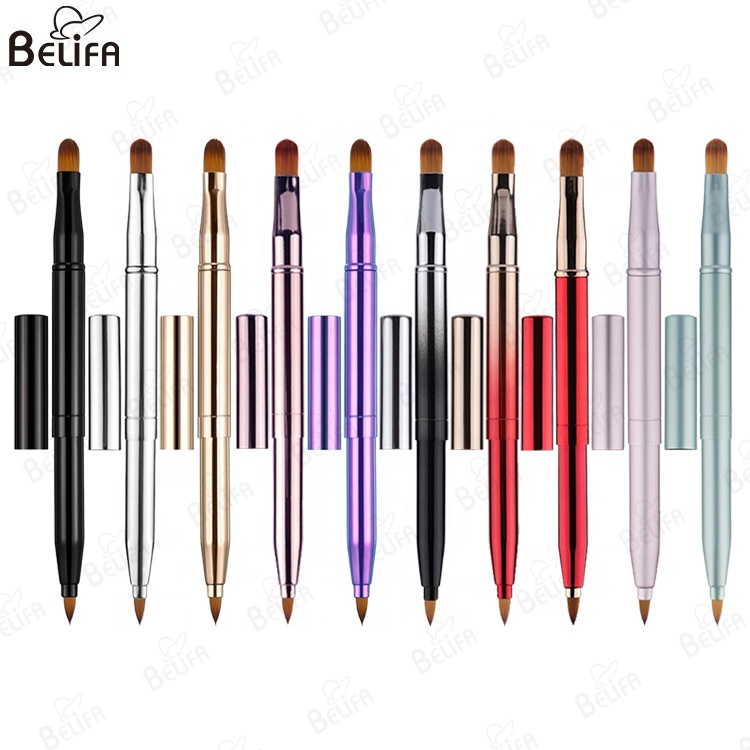 Custom Private Label vegan synthetic hair professional double side dual head lip gloss concealer retractable lip brush with cap