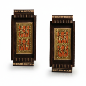 Tribal Dhokra Art Decoración de pared hecha a mano Colgando en madera de mango Diseño de decoración de pared de madera tallada a mano para estilo de granja y país - Product Image 1