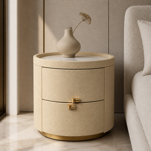 Comodino Cilindrico Moderno Color Crema con 2 Cassetti Curvi Rivestiti in Velluto, Maniglie in Ottone Dorato, Realizzato a Mano in Legno Ecologico per Camera da Letto e Sala da Pranzo - Product Image 4