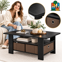 Table basse industrielle en bois grainé, rectangulaire, avec 2 niveaux de rangement, bacs en tissu, table basse pour salon