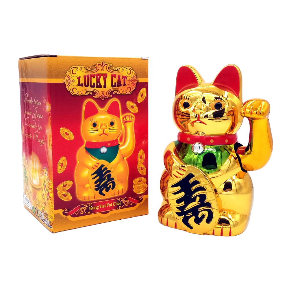 Японская пластиковая фигурка Манеки Неко на батарейках, подарок, Золотой машущий рукой, счастливая кошка на 5 дюймов