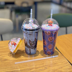 Dibujos animados Halloween fantasma Festival taza de agua de plástico de doble capa Micro paisaje taza de paja de plástico para niños taza de té de la leche - Product Image 4