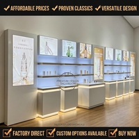 Vitrine d'îlot pour magasin de détail, finition laquée effet bois, écologique, hauteur réglable, design moderne pour