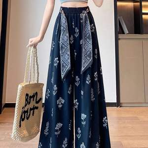 Pantalones holgados con estampado floral de verano para mujer, pantalones informales transpirables de gasa, color blanco, amarillo, azul marino - Product Image 4