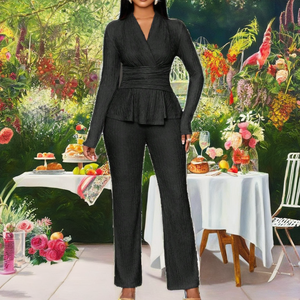 Women's Elegant 2 Piece Rib <b>Knit</b> <b>Set</b> Long Sleeve V Neck Top With Ruffles And Wide Leg Pants Solid Color All Seasons Wear - Product Image 2