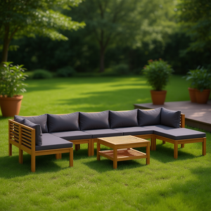 Ensemble de salon d'extérieur en bois d'acacia avec coussins gris foncé, mobilier de jardin au design contemporain, résistant aux intempéries, 6 places - Product Image 2