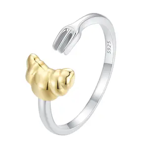 925纯银咖啡杯戒指羊角面包戒指时尚开放式可调整戒指