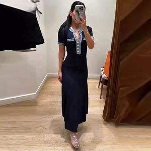 Robe moulante en maille fine à col rond avec franges en denim de style européen et américain, patchwork, boucle en métal, élastique, pour femmes - Product Image 4