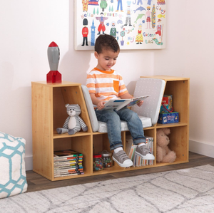 Banco de lectura infantil de madera natural con almacenamiento abierto, organizador ecológico de madera para rincón de lectura infantil con cojín de asiento. - Product Image 2