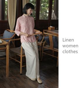 Camisa de lino sostenible para mujer, ropa de lino, Top <span class=keywords><strong>Cheongsam</strong></span>, blusas con cuello Mandarín de estilo chino, camisa de lino de Color sólido - Product Image 2