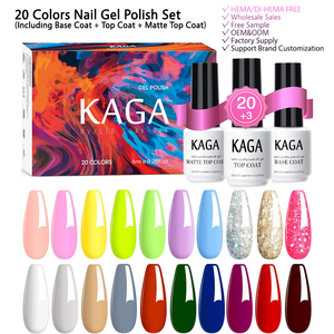 Kit de vernis gel UV 20 couleurs avec base coat, top coat, top coat mat, gel UV LED à retirer par trempage pour <span class=keywords><strong>manucure</strong></span>, OEM ODM, vente en gros - Product Image 1