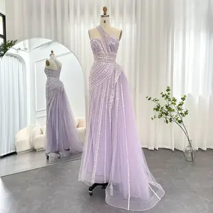 ASA-SS55 Sang Trọng Màu Tím Strapless Beading Prom Váy Tầng Chiều Dài Một Vai Buổi Tối Ăn Mặc Với Slit