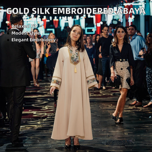 Abaya Larga de Poliéster Transpirable con Bordado de Seda Dorada, Vestido Musulmán Modesto para Bodas, Talla Única - Product Image 2