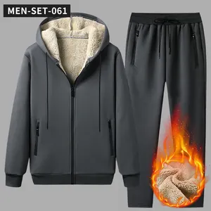 Groothandel Dikke Fleece Capuchon Gym Fitness Lamsleer Mannen Trainingspak Set Workout Sets Voor Mannen Sport Kleding Set Voor Mannen