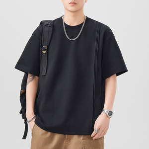 <span class=keywords><strong>Camiseta</strong></span> de algodón 100% de alto gramaje para <span class=keywords><strong>hombre</strong></span>, de manga corta, cuello redondo, corte holgado, color liso, plisada y anti-bolitas. - Product Image 1