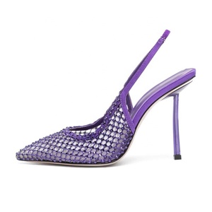Sandales d'été pour femmes à bout pointu en maille, ornées de strass, à talons fins, style slingback, pour le quotidien - Product Image 5