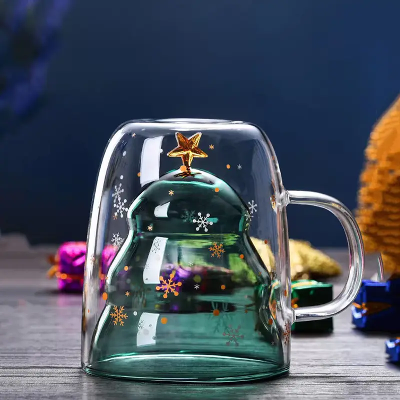 BCnmviku Copo de vidro de Natal de parede dupla 10 onças/300 ml, copo resistente ao calor para bebidas quentes e frias, logotipo personalizável