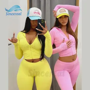 Custom Logo Women Lounge Wear slim fit knit Summer Clothing yoga zip up crop top and legging Outfits Two Piece Set