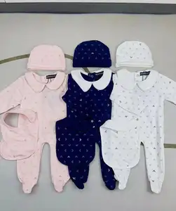 Baju monyet bayi merek mewah, jumpsuit katun organik lengan panjang untuk bayi laki-laki perempuan set 3 potong