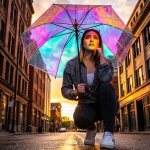 Parapluie transparent holographique à changement de couleur laser, minimaliste, droit, arc-en-ciel irisé, pour cadeaux promotionnels, usine OEM - Product Image 2