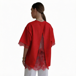 T-shirt décontracté d'été pour femme en coton lavé, col rond, manches courtes, tricoté avec dentelle, fente au dos, couleur unie 140g - Product Image 1