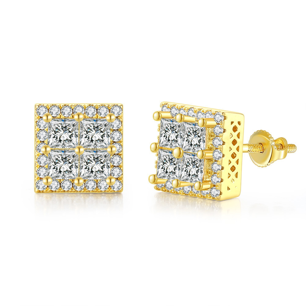 A pair of gold square diamond-encrusted stud earrings.