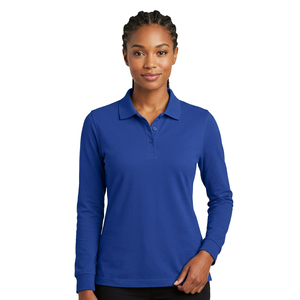 <b>Women's</b> Royal Blue <b>Long</b> <b>Sleeve</b> <b>Polo</b> <b>Shirt</b> 100% Polyester Knitted Casual Solid Color Collared Top - Product Image 1