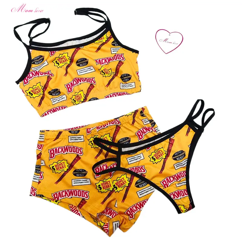 Women`s Sleepwear 3 Pcs Bra And Panty Sets Cute Women Night Wear 3 Pieces Short Set Yes Daddy Backwoods Printing Pajama Sets