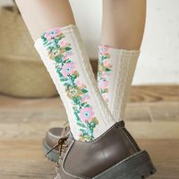 Vintage japonais mi-mollet Jacquard Pile chaussettes pour femmes Floral Long Crew chaussettes automne hiver chaussettes ethniques