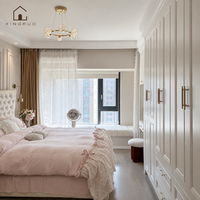 XINGRUO Armoire autoportante européenne crème avec poignées dorées, coiffeuse intégrée, miroir LED, étagères ouvertes, pleine hauteur pour chambre à coucher