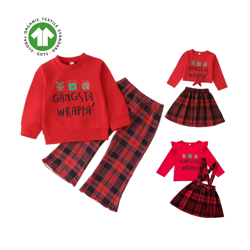 Girl Plaid Print Suspender Skirt Letter Print Long Sleeve Tops Tutu Skirt Ruffle Overall Dress Christmas Outfits