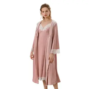 Phụ Nữ Dài Sexy Fancy Nightgowns Đồ Ngủ Màu Hồng Với Ren