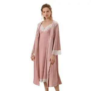 Camisola sexy longa feminina rosa, roupa de dormir com renda