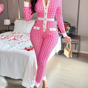 OEM ODM Personalizado: Monos de Punto para Mujer, Elegantes Monos de Punto con Estampado de Pata de Gallo para Mujer, Suéter de Cuello Redondo para Primavera - Product Image 3