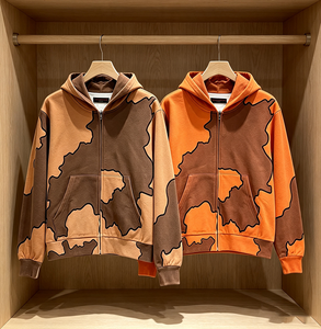 Sweat-shirt à capuche zippé pour <span class=keywords><strong>homme</strong></span>, <span class=keywords><strong>orange</strong></span> uni, décontracté, en molleton tricoté 100% coton, avec blocs de couleur et coutures apparentes - Product Image 1