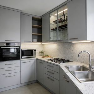 Isla de <span class=keywords><strong>Cocina</strong></span> Móvil Prefabricada Minimalista Escandinava Moderna, Removible, con Fregadero, Tablero de Melamina de Roble Blanco y Vidrio - Product Image 5