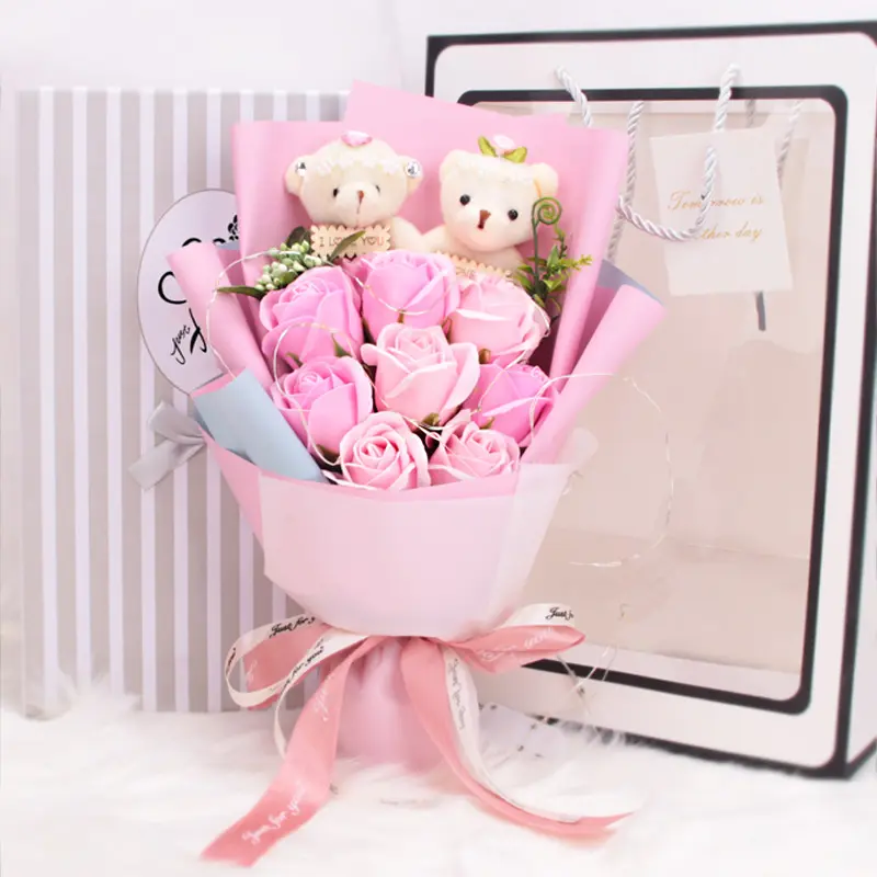 비누 장미 꽃다발 선물 상자 비누 인공 꽃 곰 led 생일 발렌타인 웨딩 선물