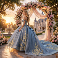 Robe de bal moderne en satin bleu ciel avec décorations florales et traîne chapelle pour Quinceañera et bal de promo, idéale pour les robes de 15 ans
