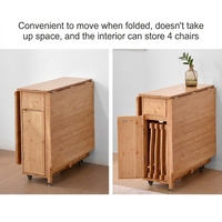 Ensemble de salle à manger pliable extensible en bambou naturel, table rectangulaire peu encombrante avec 4 chaises, rangement et roulettes pour petit appartement