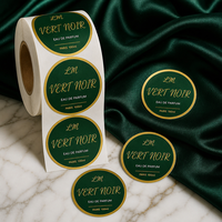 Étiquette de flacon de parfum rond de luxe, logo personnalisé, impression or vert foncé pour emballage cosmétique, étiquettes en rouleau