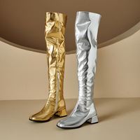 Bottes longues plissées pour femmes tendance, automne-hiver 2025, élégantes, pour soirée, talon moyen, sexy, bottes au-dessus du genou, or, grandes tailles 46
