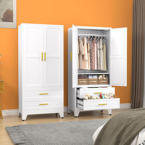 Armoire en métal armoire penderie pour chambre à coucher armoire à 2 tiroirs armoire blanche mode 2 portes armoire avec tige de suspension - Product Image 1