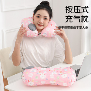 Oreiller de voyage en soie glacée en forme de U, support de cou portable, gonflable par pression, pliable, motif animal, polyester - Product Image 1