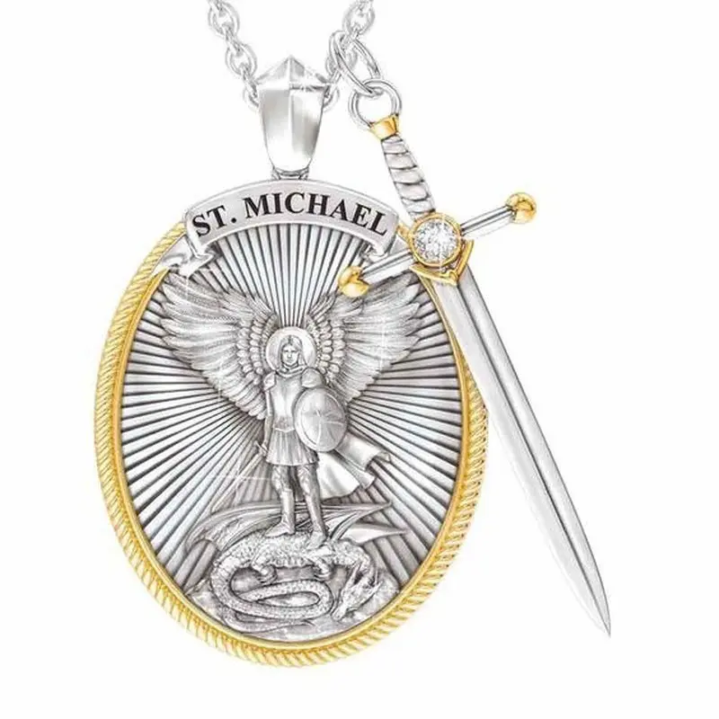 Blues Hip Hop Cheap Necklace High Quality Alloy Archangel Michael Sword Necklace Boy Round Shield Alloy pendant