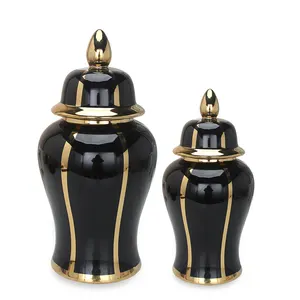 J217 ceramic tabletop vase home decor black ceramic jar sets modern gold line ginger jar home decor