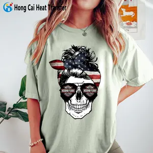 Hongcai 도매 싼 재고 티셔츠 열 전달 스티커 디자인 로고 랜덤 패턴 티셔츠 배송