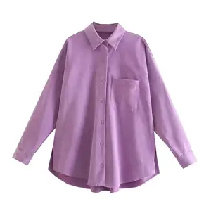 Women Solid Color Corduroy Shirt Casual Loose Long Sleeve Blouse Fashion Tops with Pocket