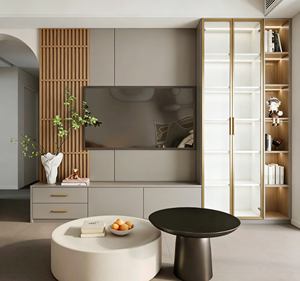 Minimalist Oriental-Style <b>TV</b> Stand - Sleek Living Room Furniture with Wooden Grid Accents & Integrated Storage Organization - Product Image 5